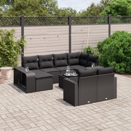 11-Piece Garden Sofa Set with Cushions Black Poly Rattan Wicker Outdoor Patio Furniture - Image 2