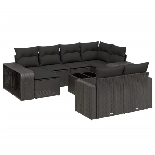 11-Piece Garden Sofa Set with Cushions Black Poly Rattan Wicker Outdoor Patio Furniture - Image 14