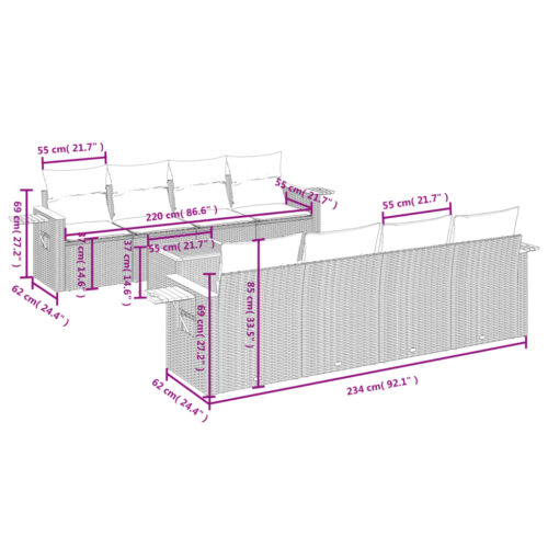 9-Piece Garden Sofa Set with Cushions Black Poly Rattan - Image 3