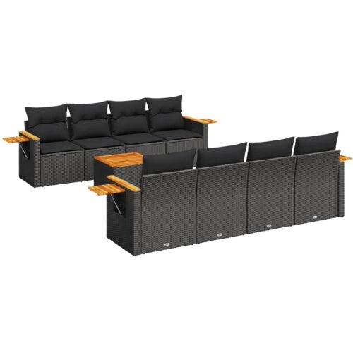 9-Piece Garden Sofa Set with Cushions Black Poly Rattan - Image 5