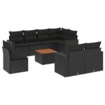 9-Piece Garden Sofa Set with Cushions Black Poly Rattan Wicker Outdoor Patio Furniture
