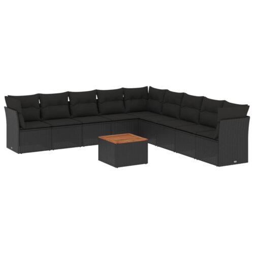 10-Piece Garden Sofa Set with Cushions Black Poly Rattan Wicker Outdoor Patio Furniture