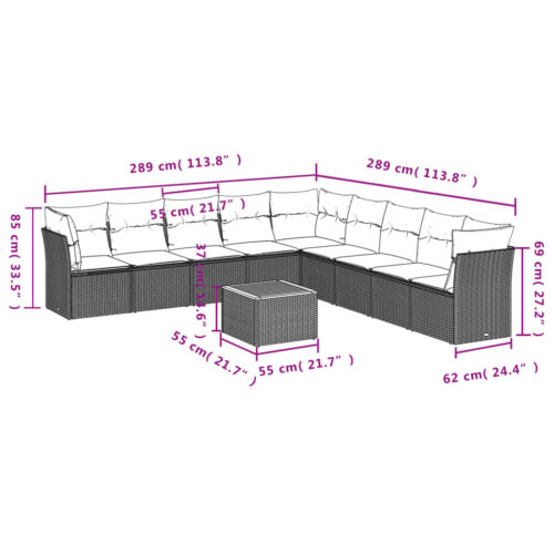 10-Piece Garden Sofa Set with Cushions Black Poly Rattan Wicker Outdoor Patio Furniture - Image 3