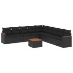 10-Piece Garden Sofa Set with Cushions Black Poly Rattan Wicker Outdoor Patio Furniture