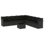 10-Piece Garden Sofa Set with Cushions Black Poly Rattan Wicker Outdoor Patio Furniture
