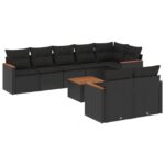 9-Piece Garden Sofa Set with Cushions Black Poly Rattan Wicker Outdoor Patio Furniture