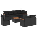 9-Piece Garden Sofa Set with Cushions Black Poly Rattan Wicker Outdoor Patio Furniture