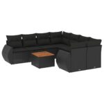 9-Piece Garden Sofa Set with Cushions Black Poly Rattan Wicker Outdoor Patio Furniture