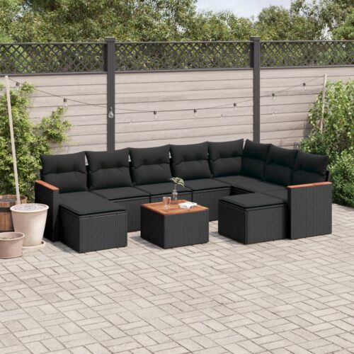 10-Piece Garden Sofa Set with Cushions Black Poly Rattan Wicker Outdoor Patio Furniture - Image 2