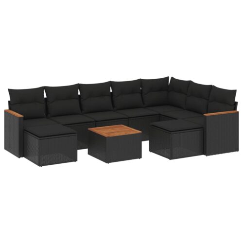 10-Piece Garden Sofa Set with Cushions Black Poly Rattan Wicker Outdoor Patio Furniture - Image 5