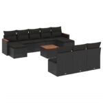 11-Piece Garden Sofa Set with Cushions Black Poly Rattan Wicker Outdoor Patio Furniture