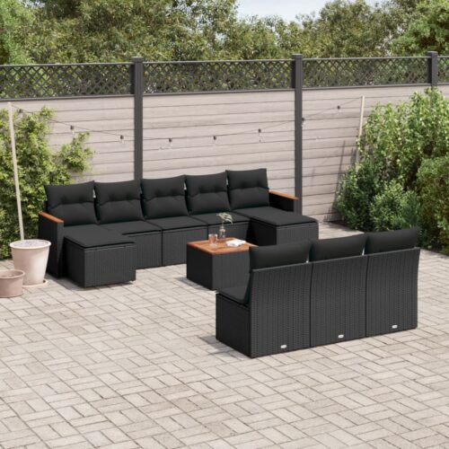 11-Piece Garden Sofa Set with Cushions Black Poly Rattan Wicker Outdoor Patio Furniture - Image 2