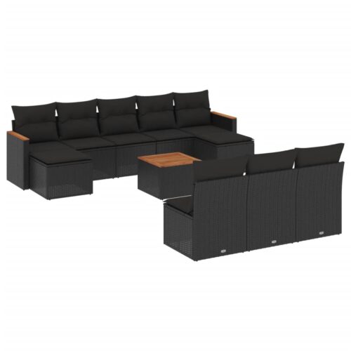 11-Piece Garden Sofa Set with Cushions Black Poly Rattan Wicker Outdoor Patio Furniture - Image 14