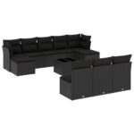 11-Piece Garden Sofa Set with Cushions Black Poly Rattan Wicker Outdoor Patio Furniture