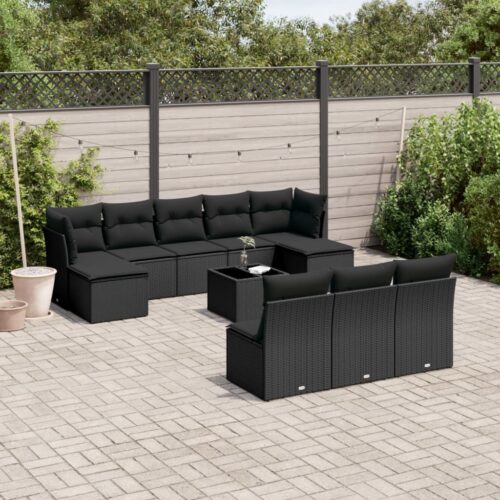 11-Piece Garden Sofa Set with Cushions Black Poly Rattan Wicker Outdoor Patio Furniture - Image 2