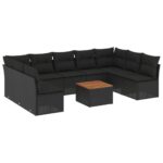 10-Piece Garden Sofa Set with Cushions Black Poly Rattan Wicker Outdoor Patio Furniture