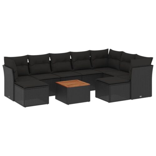 10-Piece Garden Sofa Set with Cushions Black Poly Rattan Wicker Outdoor Patio Furniture