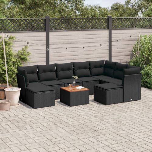 10-Piece Garden Sofa Set with Cushions Black Poly Rattan Wicker Outdoor Patio Furniture - Image 2