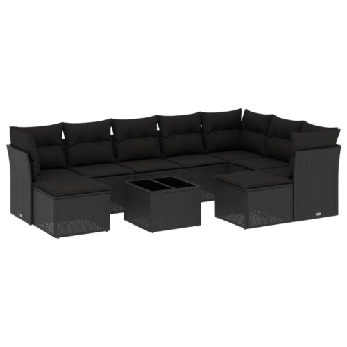 10-Piece Garden Sofa Set with Cushions Black Poly Rattan Wicker Outdoor Patio Furniture