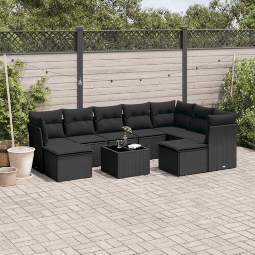 10-Piece Garden Sofa Set with Cushions Black Poly Rattan Wicker Outdoor Patio Furniture - Image 2
