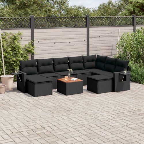 10-Piece Garden Sofa Set with Cushions Black Poly Rattan Wicker Outdoor Patio Furniture - Image 2