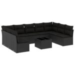 10-Piece Garden Sofa Set with Cushions Black Poly Rattan Wicker Outdoor Patio Furniture
