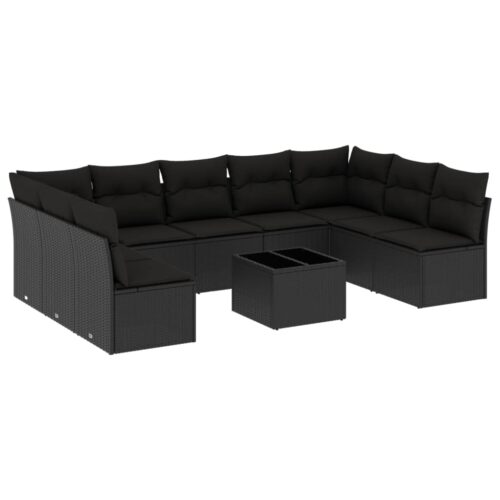 10-Piece Garden Sofa Set with Cushions Black Poly Rattan Wicker Outdoor Patio Furniture