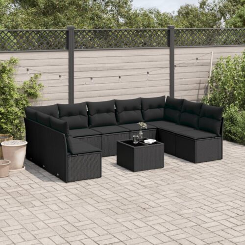 10-Piece Garden Sofa Set with Cushions Black Poly Rattan Wicker Outdoor Patio Furniture - Image 2