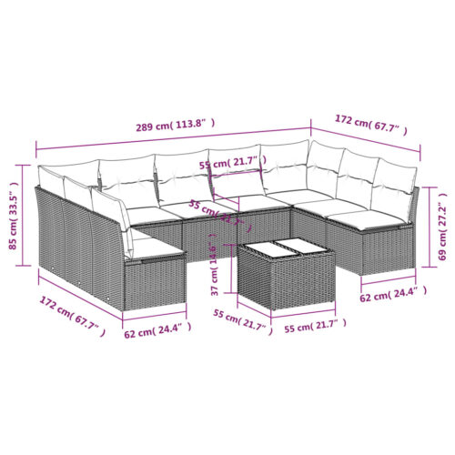 10-Piece Garden Sofa Set with Cushions Black Poly Rattan Wicker Outdoor Patio Furniture - Image 3