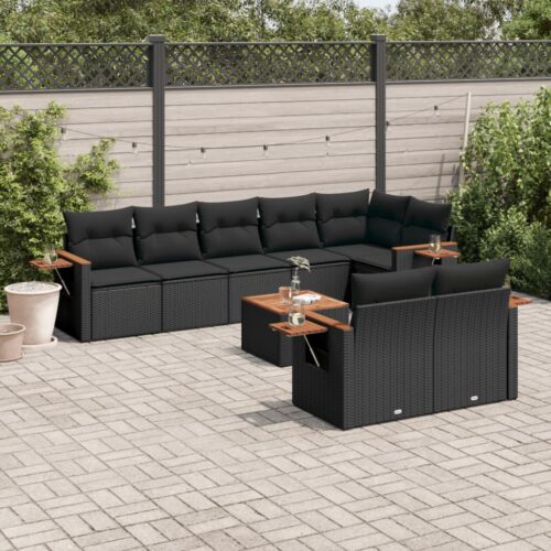 9-Piece Garden Sofa Set with Cushions Black Poly Rattan - Image 2
