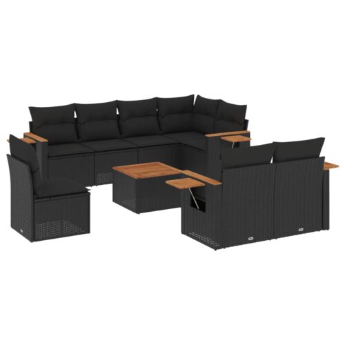 9-Piece Garden Sofa Set with Cushions Black Poly Rattan