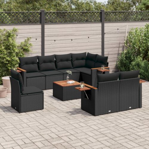 9-Piece Garden Sofa Set with Cushions Black Poly Rattan - Image 2