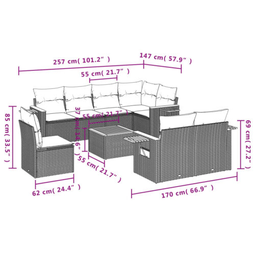 9-Piece Garden Sofa Set with Cushions Black Poly Rattan - Image 3