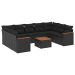 10-Piece Garden Sofa Set with Cushions Black Poly Rattan Wicker Outdoor Patio Furniture