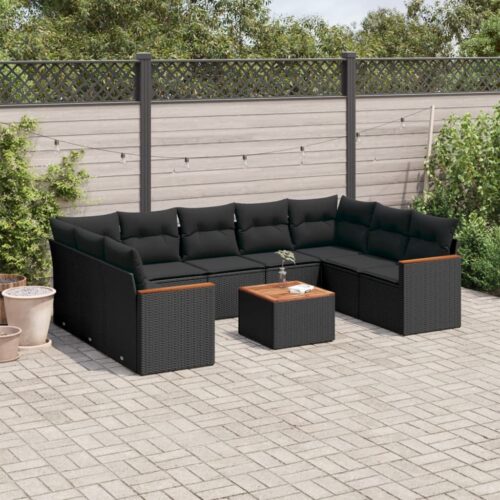 10-Piece Garden Sofa Set with Cushions Black Poly Rattan Wicker Outdoor Patio Furniture - Image 2