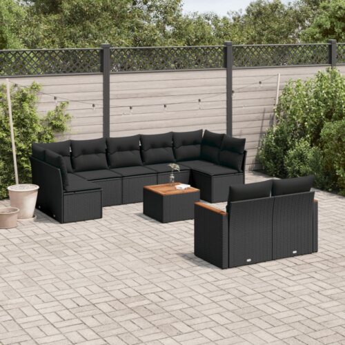 10-Piece Garden Sofa Set with Cushions Black Poly Rattan Wicker Outdoor Patio Furniture - Image 2