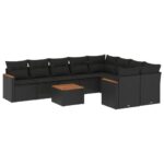10-Piece Garden Sofa Set with Cushions Black Poly Rattan Wicker Outdoor Patio Furniture