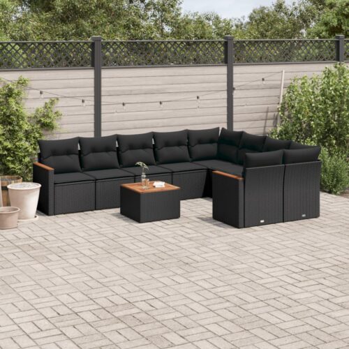 10-Piece Garden Sofa Set with Cushions Black Poly Rattan Wicker Outdoor Patio Furniture - Image 2