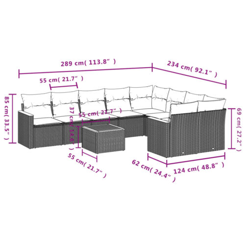 10-Piece Garden Sofa Set with Cushions Black Poly Rattan Wicker Outdoor Patio Furniture - Image 8