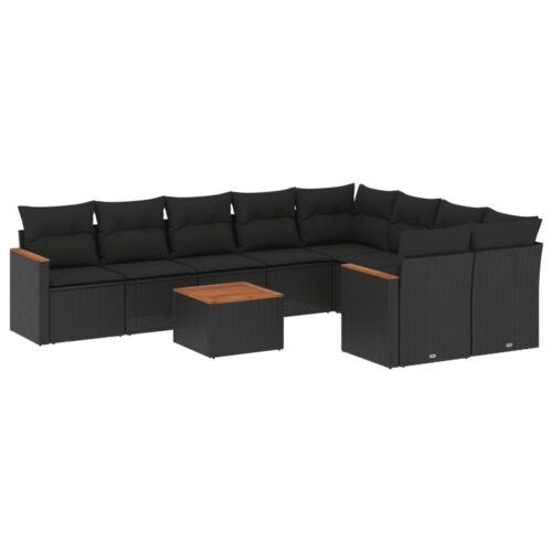 10-Piece Garden Sofa Set with Cushions Black Poly Rattan Wicker Outdoor Patio Furniture - Image 14