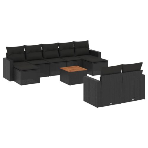 10-Piece Garden Sofa Set with Cushions Black Poly Rattan Wicker Outdoor Patio Furniture