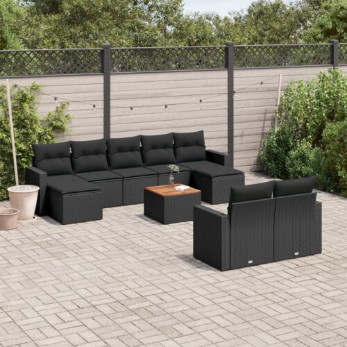 10-Piece Garden Sofa Set with Cushions Black Poly Rattan Wicker Outdoor Patio Furniture - Image 2