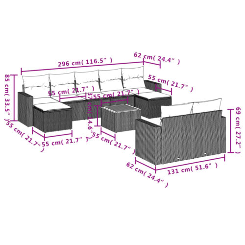 10-Piece Garden Sofa Set with Cushions Black Poly Rattan Wicker Outdoor Patio Furniture - Image 11