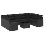 10-Piece Garden Sofa Set with Cushions Black Poly Rattan Wicker Outdoor Patio Furniture
