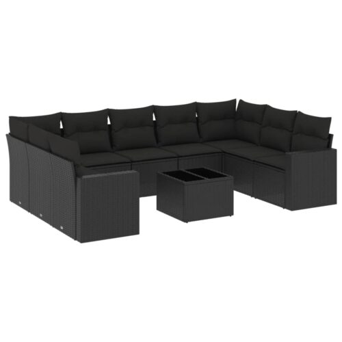 10-Piece Garden Sofa Set with Cushions Black Poly Rattan Wicker Outdoor Patio Furniture