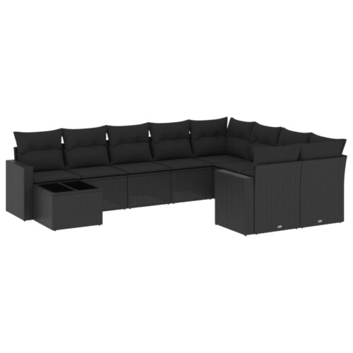 10-Piece Garden Sofa Set with Cushions Black Poly Rattan Wicker Outdoor Patio Furniture