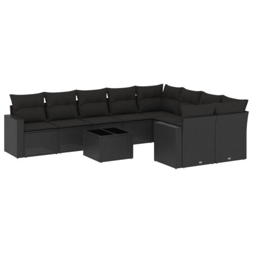 10-Piece Garden Sofa Set with Cushions Black Poly Rattan Wicker Outdoor Patio Furniture