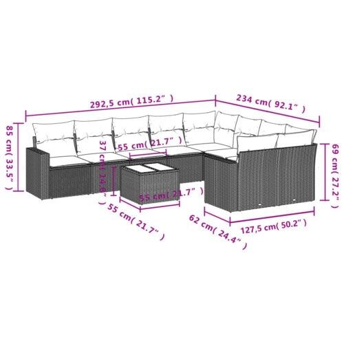 10-Piece Garden Sofa Set with Cushions Black Poly Rattan Wicker Outdoor Patio Furniture - Image 8