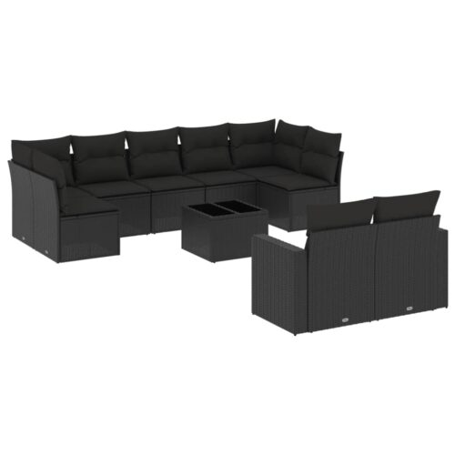 10-Piece Garden Sofa Set with Cushions Black Poly Rattan Wicker Outdoor Patio Furniture - Image 14