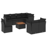 9-Piece Garden Sofa Set with Cushions Black Poly Rattan Wicker Outdoor Patio Furniture